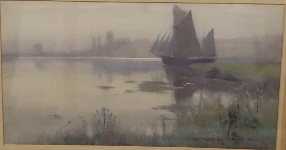 Carleton Grant RBA (1860-1930), watercolour, Sailing ship on a misty estuary, signed and dated 97, 17 x 32cm